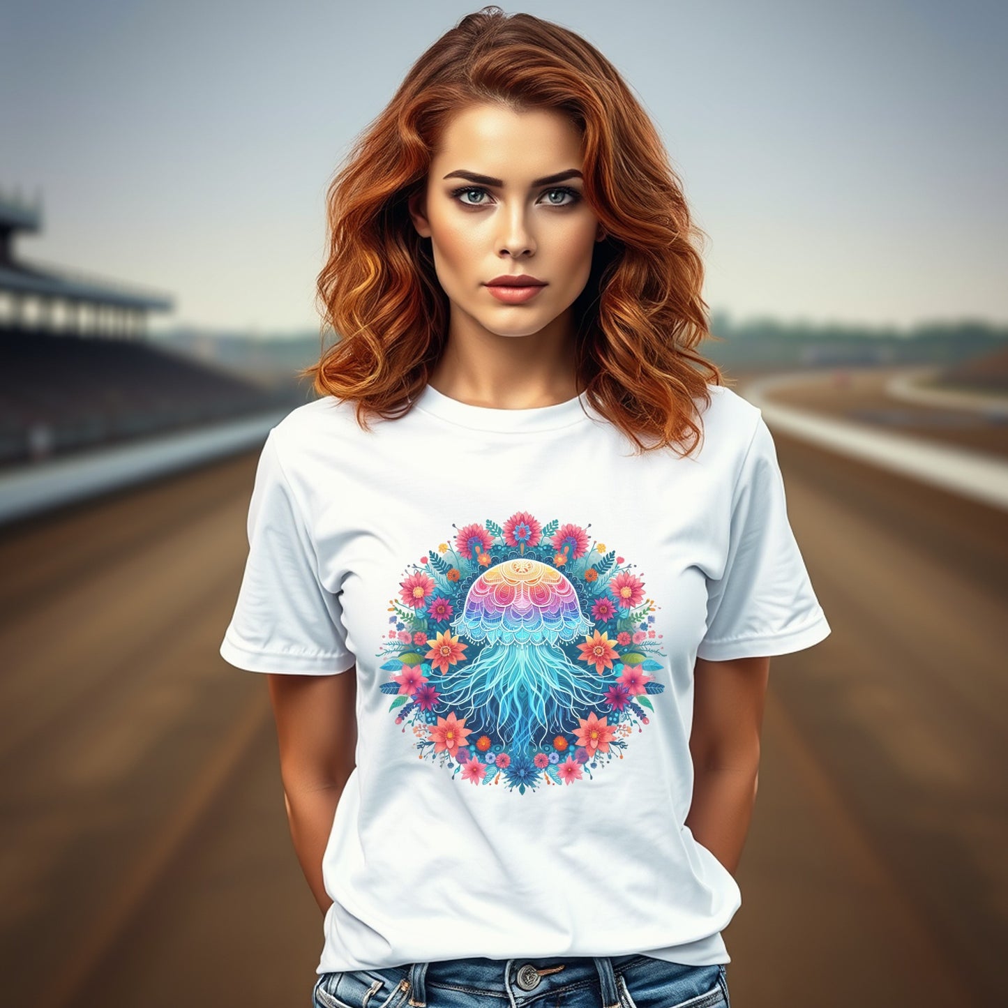 Women's White T-Shirt with Colorful Jellyfish and Floral Print, Summer Casual Top, Fashionable Beachwear, Soft Cotton Tee