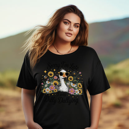 Women's Plus Size Black T-Shirt, Funny Sloth Graphic, Floral Casual Tee, Sunflower Design, Fashion Top for Her