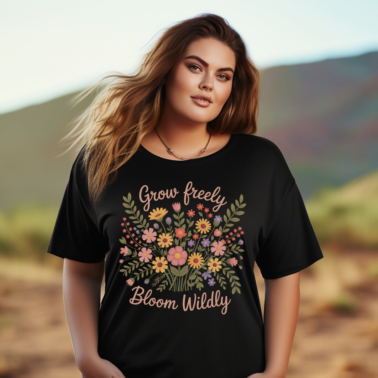 Plus Size Floral Graphic T-Shirt, Inspirational Quote Women's Tee, Grow Freely Bloom Wildly, Casual Top for Her