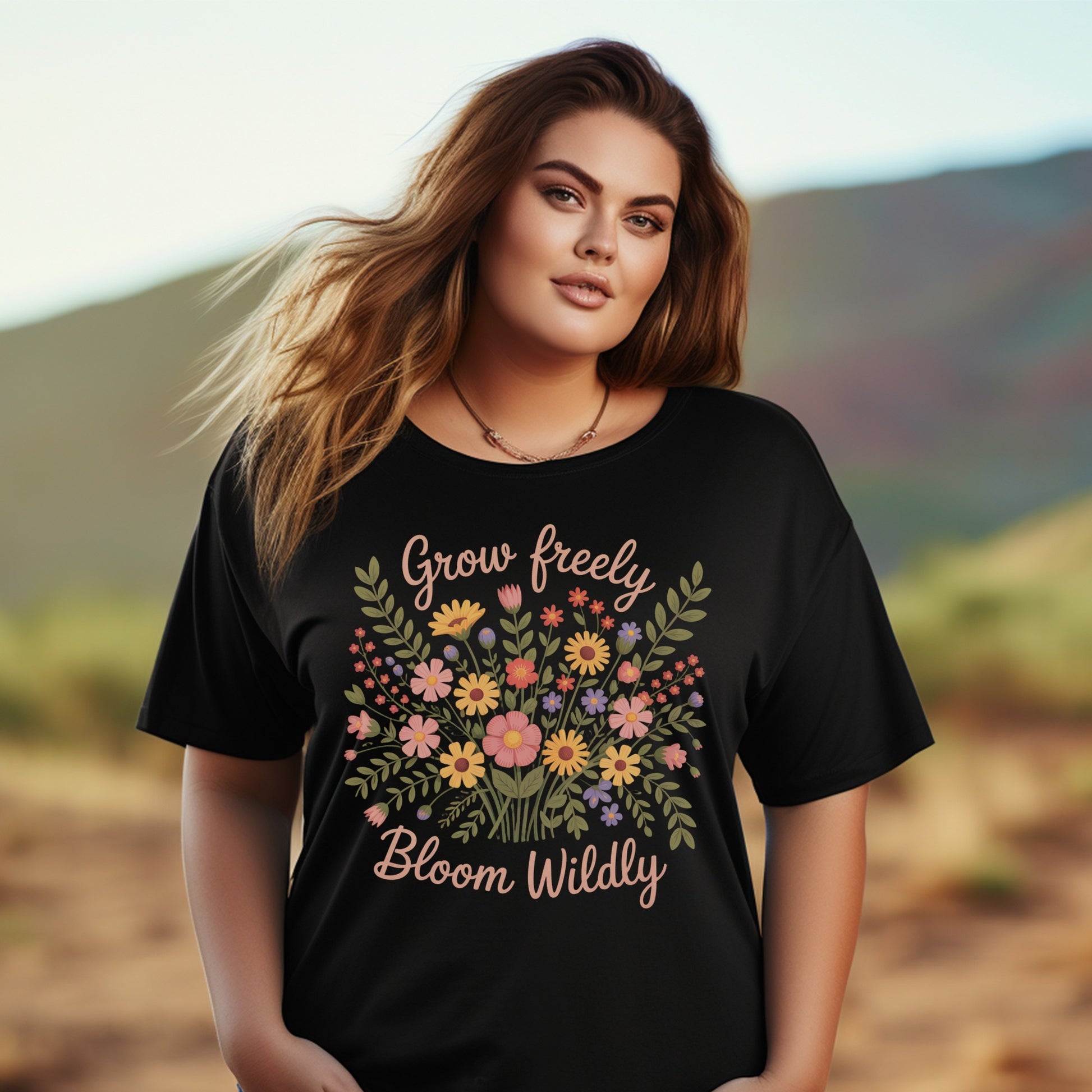 Plus Size Floral Graphic T-Shirt, Inspirational Quote Women's Tee, Grow Freely Bloom Wildly, Casual Top for Her