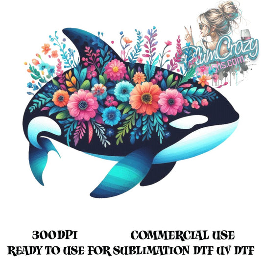 Whale Floral Sublimation Design, Colorful Ocean Animal Clipart, Commercial Use, Digital Download, UV DTF Ready, 300DPI