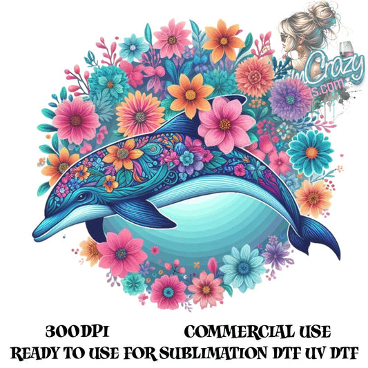 Vibrant Floral and Dolphin Design for Sublimation, Commercial Use, Digital Download, 300 dpi, dtf uv dtg Ready Artwork