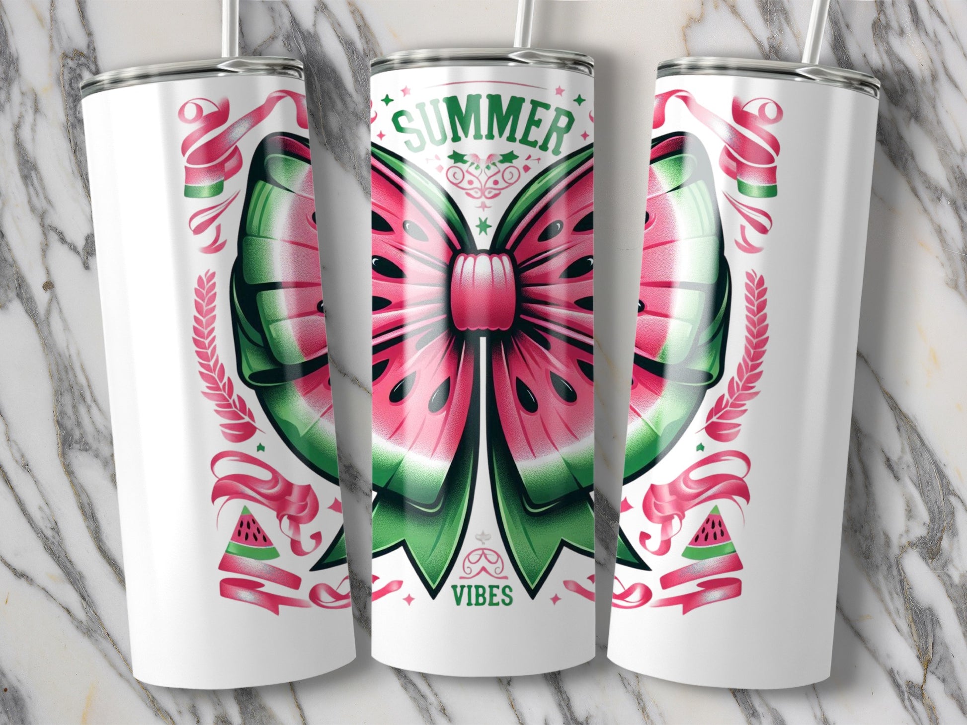 Summer Vibes Watermelon Butterfly Tumbler, Stainless Steel Insulated Drinkware, Floral and Fruit Design