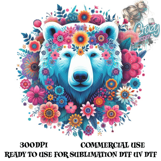 Colorful Bear Floral Art Print, Vibrant Sublimation Design, Digital Download, Commercial Use, 300DPI High-Resolution UV DTG Ready