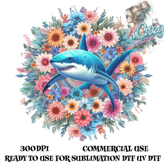Floral Shark Design Clipart, Colorful Sublimation Graphics, Ocean Theme Digital Download, Commercial Use, 300DPI UV DTF Ready