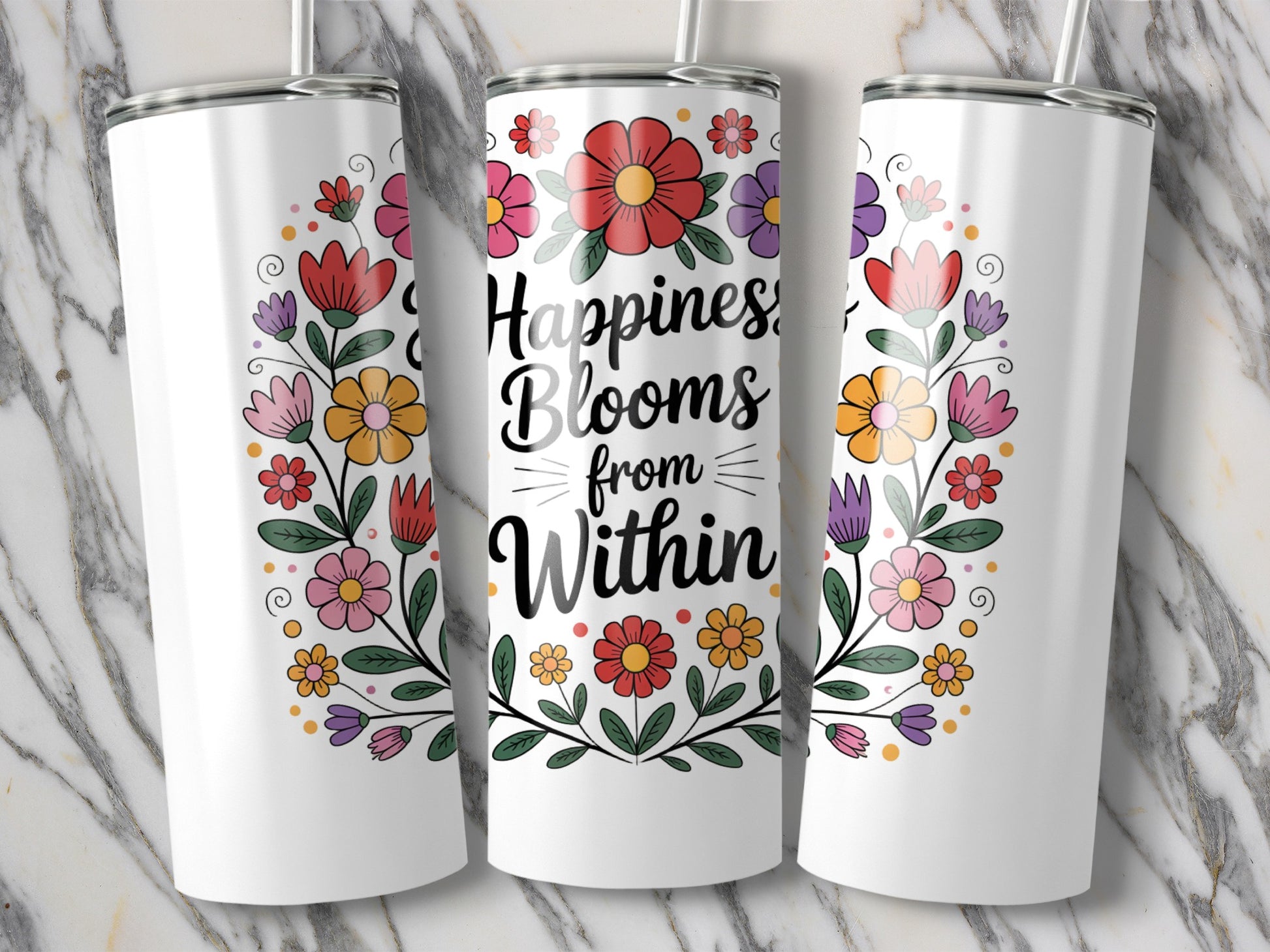 Floral Tumbler Cups, Happiness Blooms from Within, Insulated Stainless Steel, Colorful Flower Design, Gift Idea