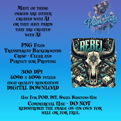 Rebel Skull T-Shirt Design, High Resolution Digital Download, PNG, Commercial Use