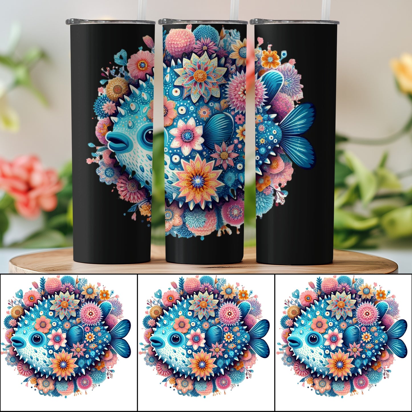 Colorful Mandala Fish Tumbler, Insulated Travel Mug, Floral Ocean Art, Unique Drinkware Gift, Vibrant Blue and Pink Design, 20 oz