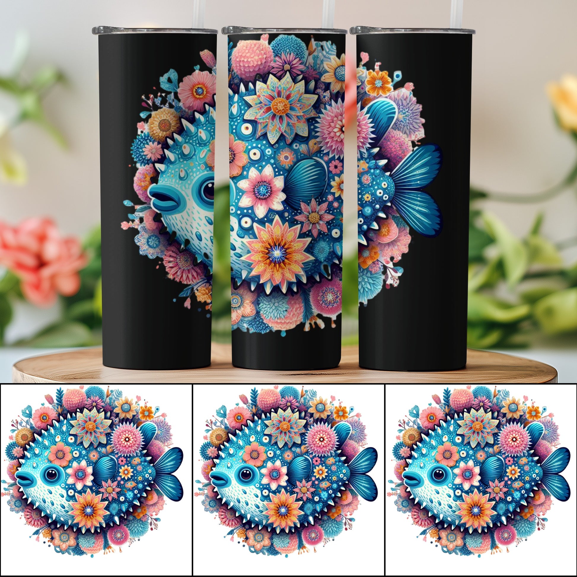 Colorful Mandala Fish Tumbler, Insulated Travel Mug, Floral Ocean Art, Unique Drinkware Gift, Vibrant Blue and Pink Design, 20 oz