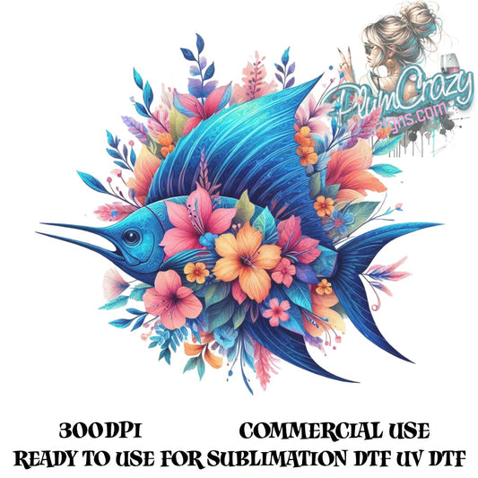 Colorful Marlin Fish Art Print, Floral Sublimation Design, Ocean Theme Digital Download, 300DPI UV DTG Ready Commercial Use