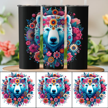 Colorful Bear Floral Art Tumbler, Insulated Drinkware, Unique Wildlife Gift, Boho Chic Style Drink Cup