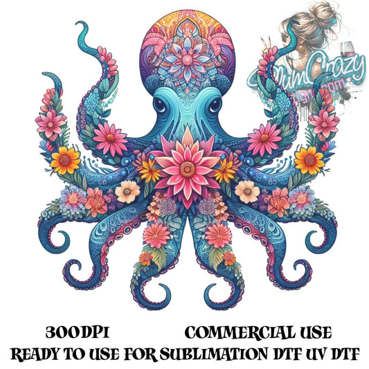 Colorful Octopus Art Print, Sublimation Design, Digital Download, Commercial Use, High Resolution 300DPI, Ocean Wildlife Illustration