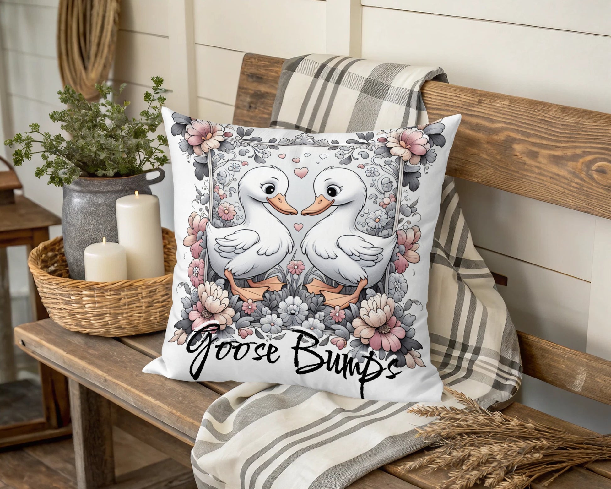 Romantic Goose Couple Decorative Pillow, Cute Love Birds Floral Design, Perfect Gift for Couples, Home Decor Accent