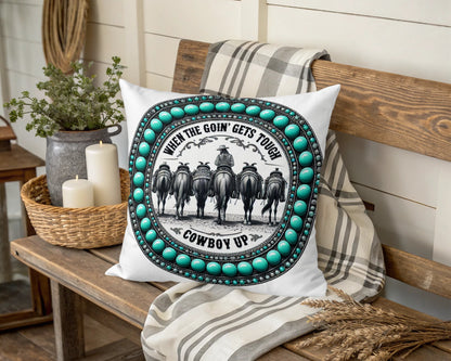 Cowboy Up Themed Throw Pillow, Western Decor, Turquoise Bead Accent, Inspirational Quote, Home Furnishing, Rustic Style