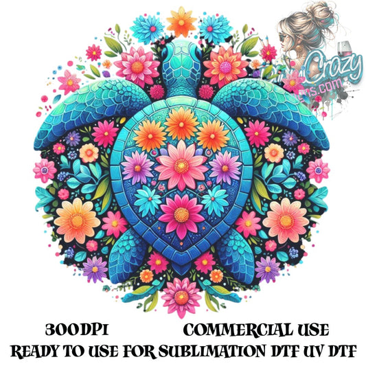 Colorful Turtle Floral Design for Sublimation, Digital Download, Vibrant Printable Artwork, Commercial Use, 300 DPI