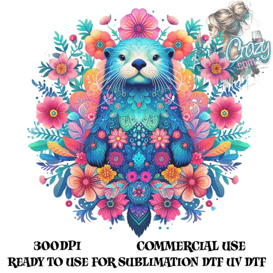 Colorful Floral Otter Illustration, Commercial Use, Sublimation Design, Digital Download, 300DPI, UV DTF Ready, Vibrant Animal Graphic