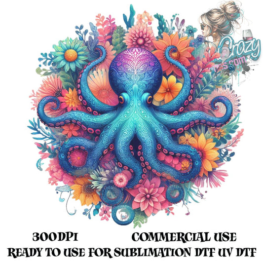 Colorful Octopus and Floral Bouquet Artwork for Sublimation, Commercial Use, High-Resolution Digital File, UV DTF Ready