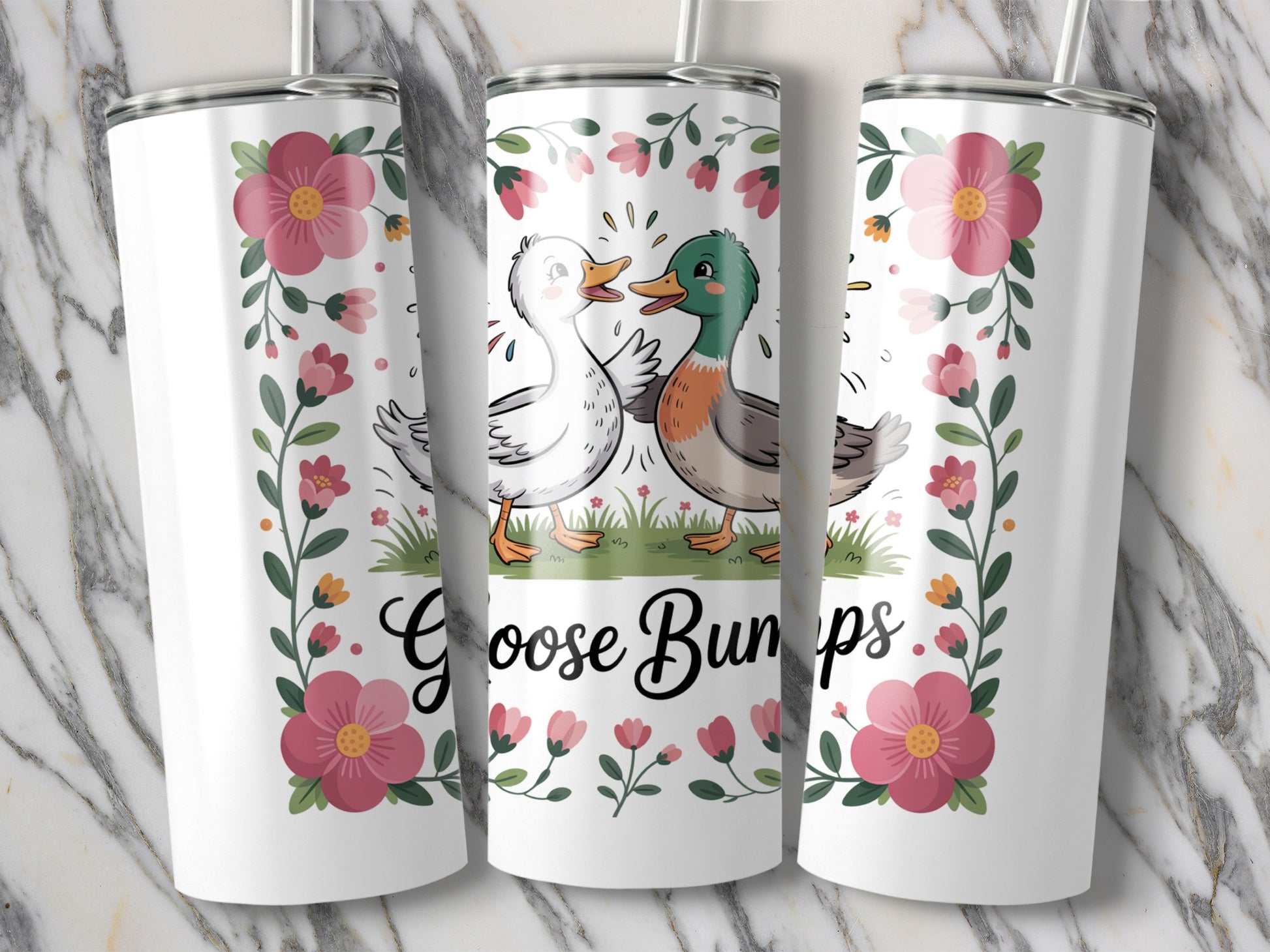 Goose Bumps Floral Tumbler, Cute Duck and Goose Design, Insulated Drinkware, Spring Flowers Pattern