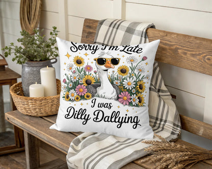 Whimsical Goose Floral Pillow Cover, Sorry I'm Late I Was Dilly Dallying, Decorative Throw Pillow, Farmhouse Decor, Unique Gift Idea
