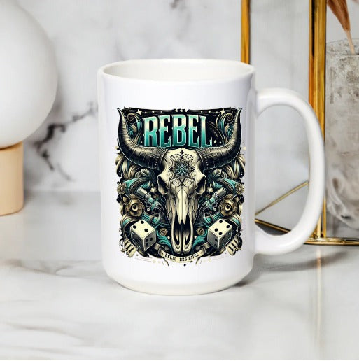 Rebel Skull Graphic Mug, Dice and Skull Design, Unique Coffee Cup, Cool Tattoo Style Illustration, Gift Idea