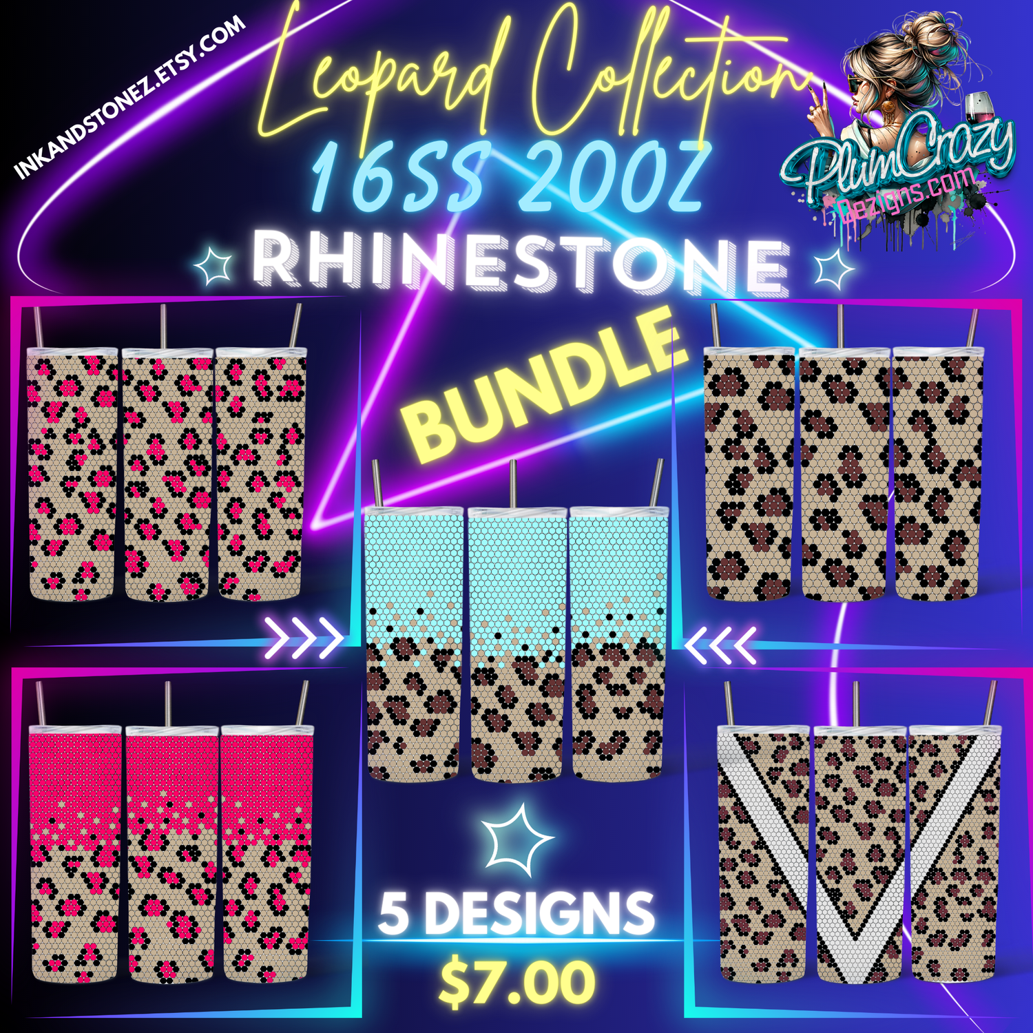 Leopard Print Rhinestone Template Bundle, 5 Designs, DIY Crafts, Bling Pattern, Hotfix Transfer, Custom T-Shirt Decor, Digital Download