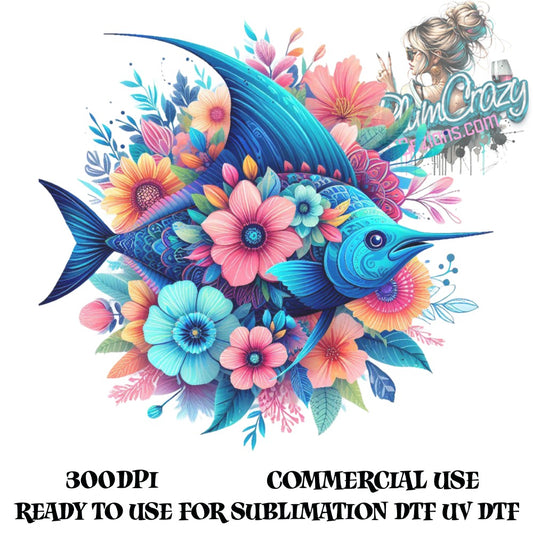 Colorful Marlin Fish Art Print, Floral Fish Digital Download, Sublimation Design for DIY Crafts, Commercial Use, High-Resolution Image