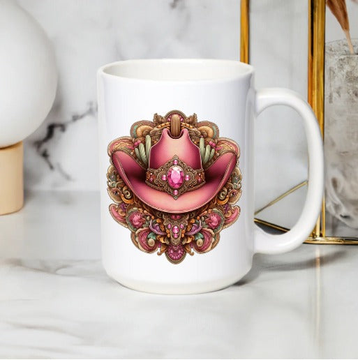Western Cowboy Hat Pink Jewel Ornate Design Coffee Mug, Unique Ceramic Gift Cup