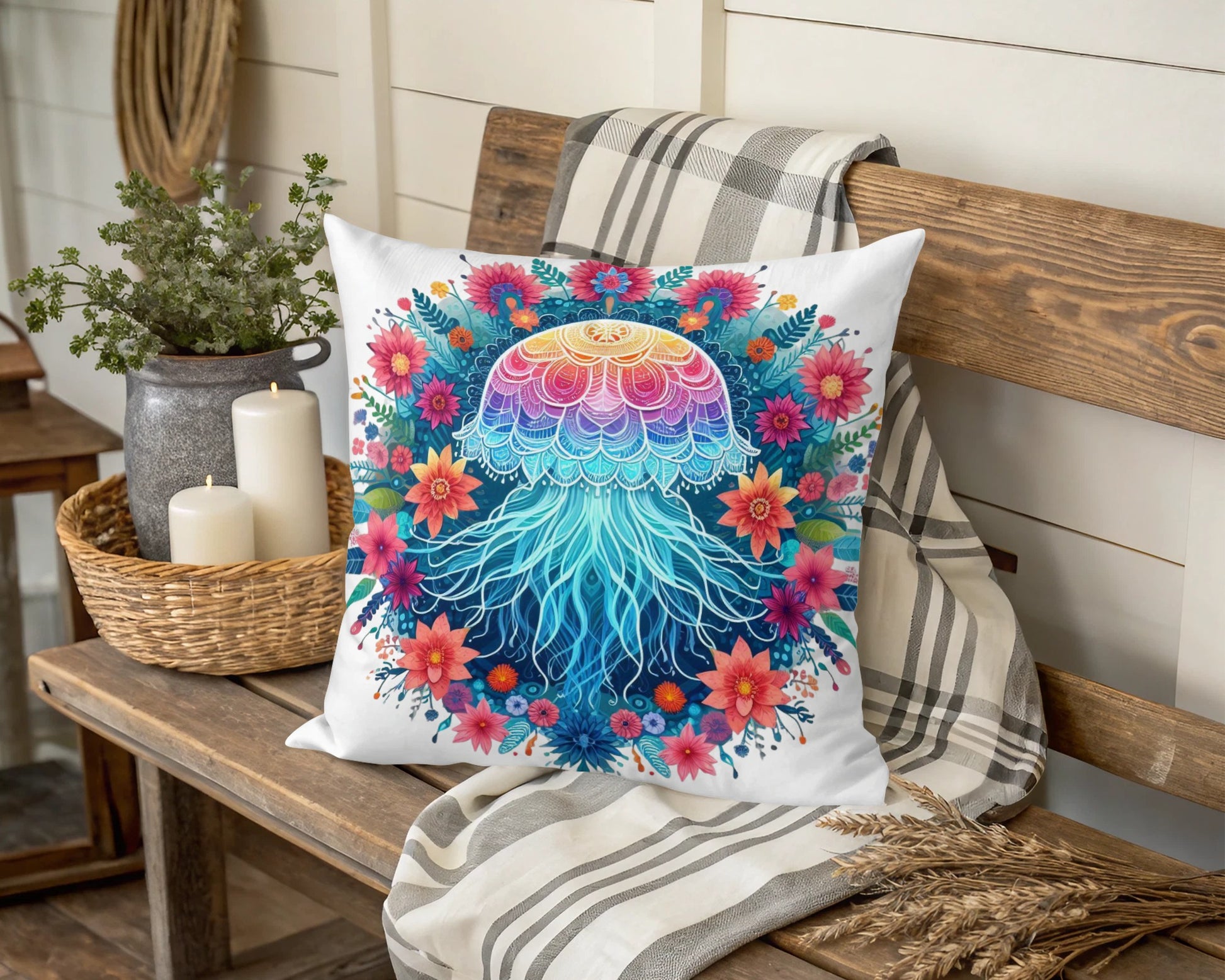 Bohemian Jellyfish Throw Pillow Cover, Colorful Floral Marine Cushion, Decorative Sofa Pillow, Beach House Decor, Unique Gift Idea