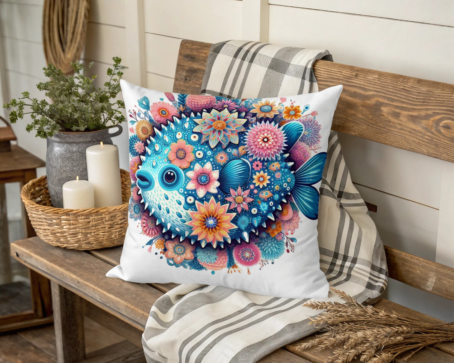 Colorful Fish Cushion Cover, Decorative Floral Throw Pillow, Bright Blue Home Decor, Unique Sofa Accessory