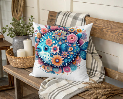 Colorful Fish Cushion Cover, Decorative Floral Throw Pillow, Bright Blue Home Decor, Unique Sofa Accessory