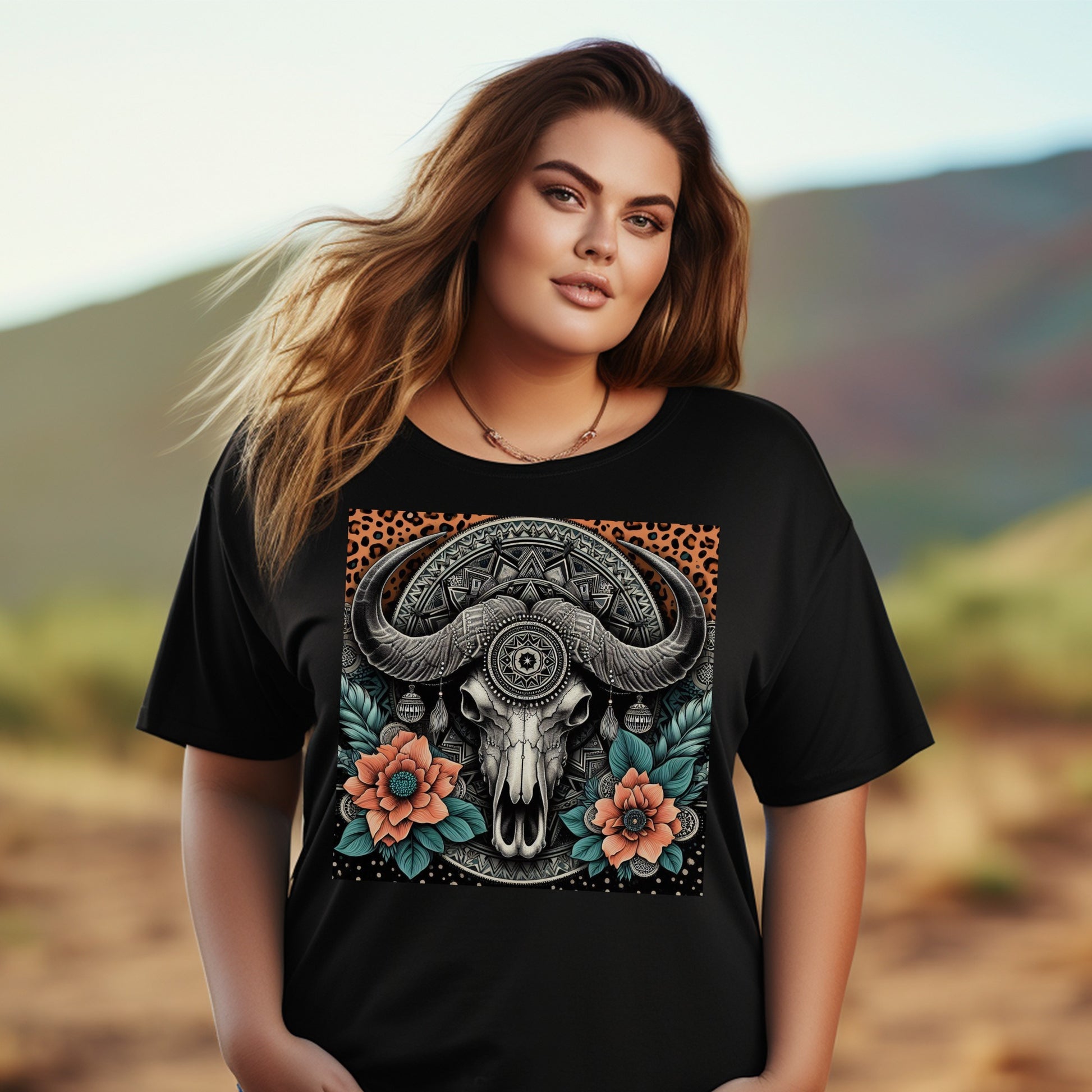 Boho Skull T-Shirt, Floral Bull Graphic Tee, Plus Size Women's Fashion Top, Casual Wear, Unique Gift Idea