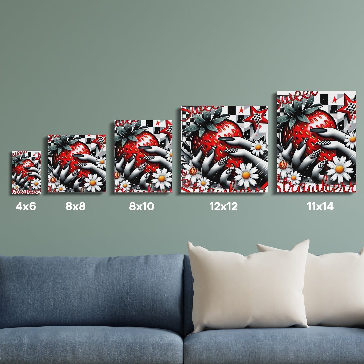 Vintage Tattoo Art Canvas Set, Red Black White Floral Star Design, Multiple Sizes Wall Decor
