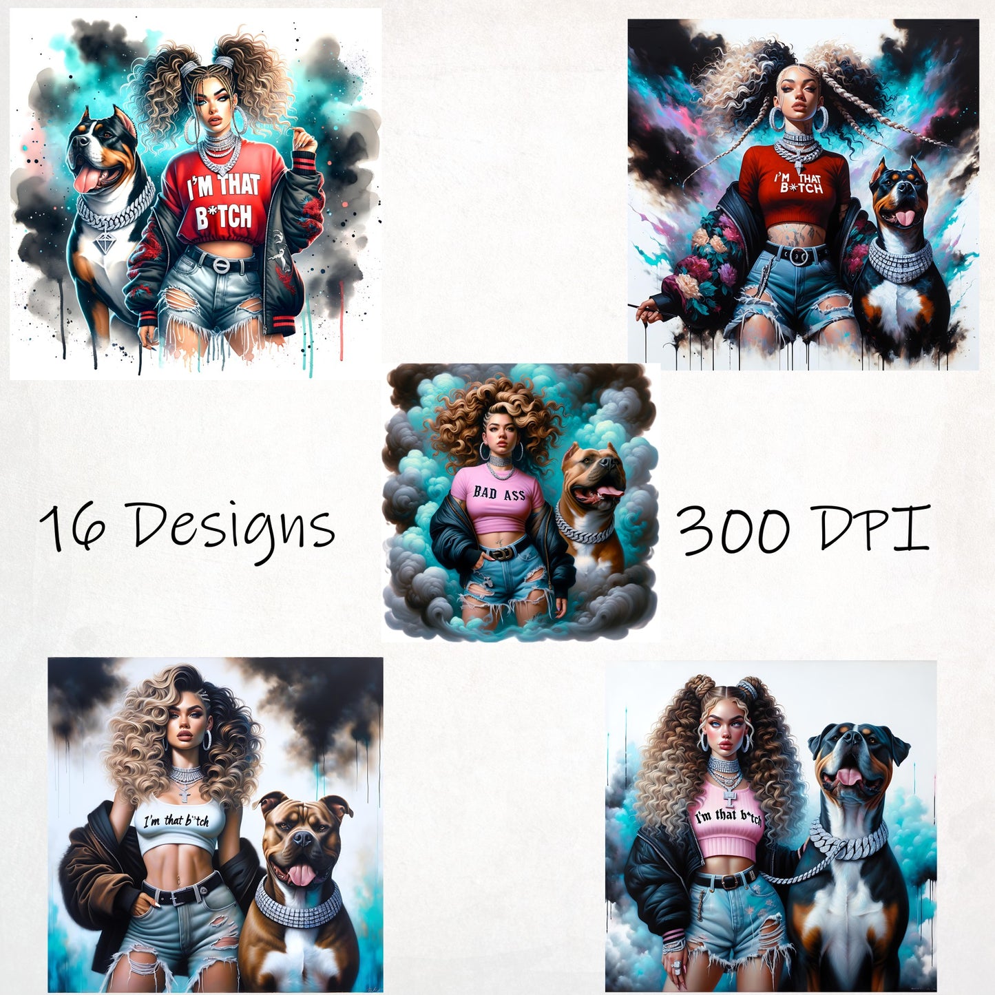 Bad Ass I'm, That Bitch, Hot Mess, Badass Pitbull and Woman Printable Sublimation Digital Downloads Clipart Bundle 16 Designs