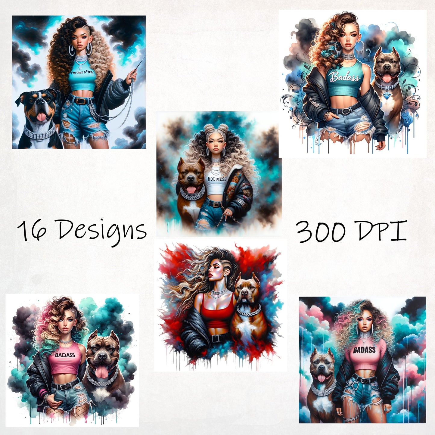 Bad Ass I'm, That Bitch, Hot Mess, Badass Pitbull and Woman Printable Sublimation Digital Downloads Clipart Bundle 16 Designs