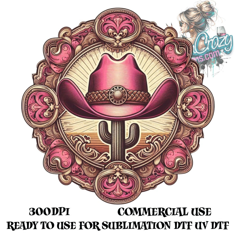 Western Cowboy Hat Sublimation Design, Vintage Floral Frame, Digital Download, Commercial Use, Ready to Use for DTF UV Print