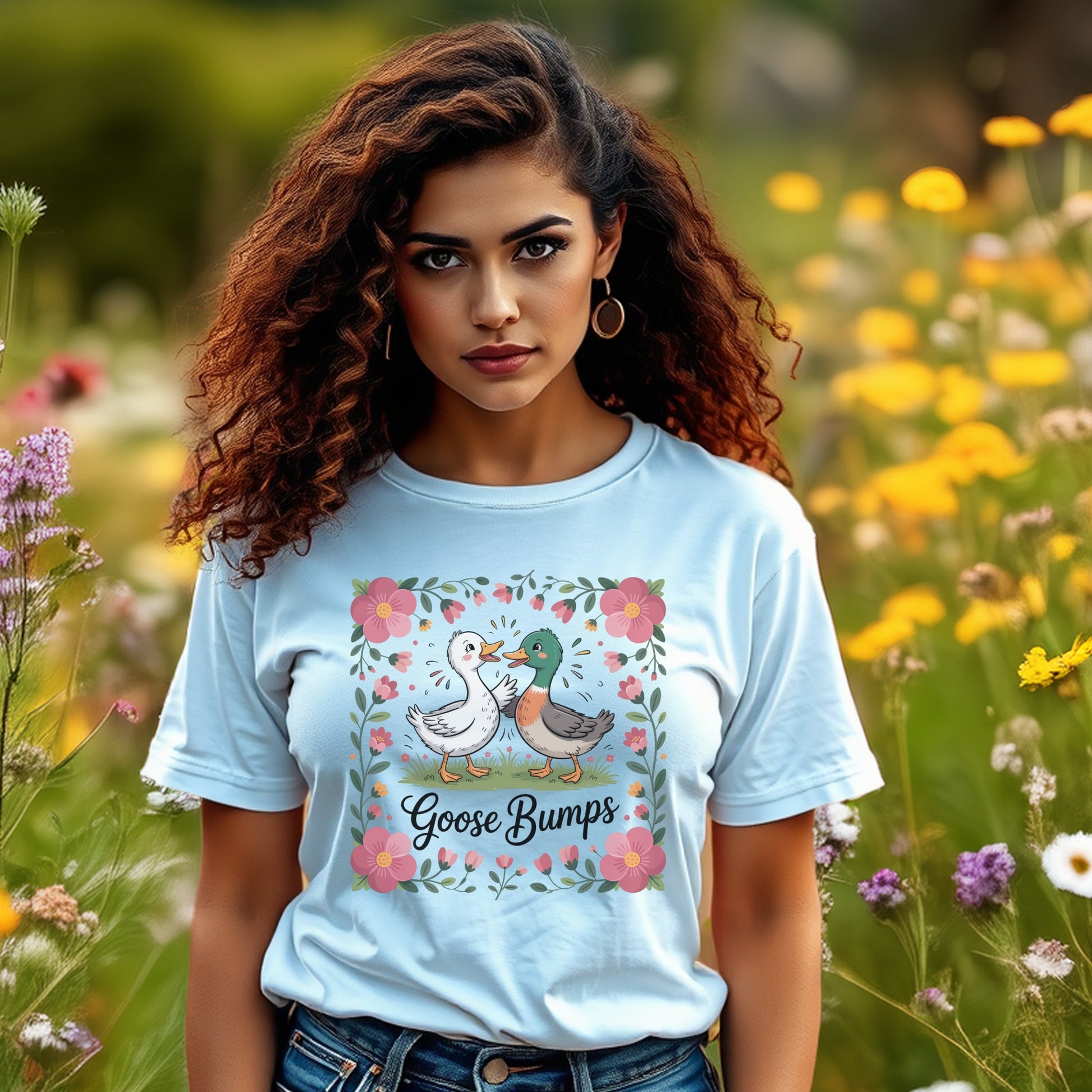 Women's Light Blue T-Shirt with Floral Goose Graphic, Casual Summer Top, Soft Cotton Tee, Nature Inspired Design, Trendy Apparel