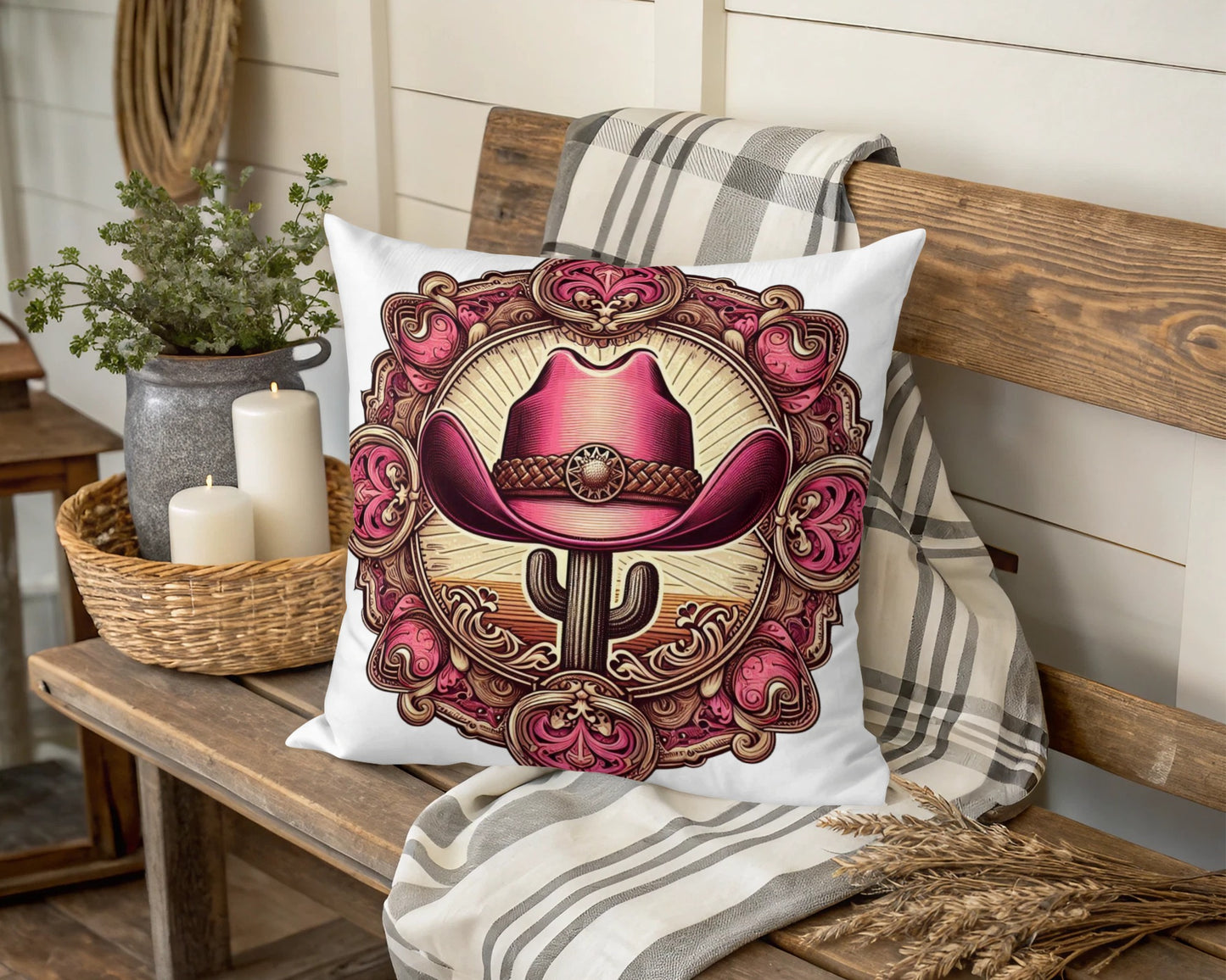 Western Cowboy Hat Cushion Cover, Vintage Style Throw Pillow, Decorative Home Decor, Unique Sofa Accessory