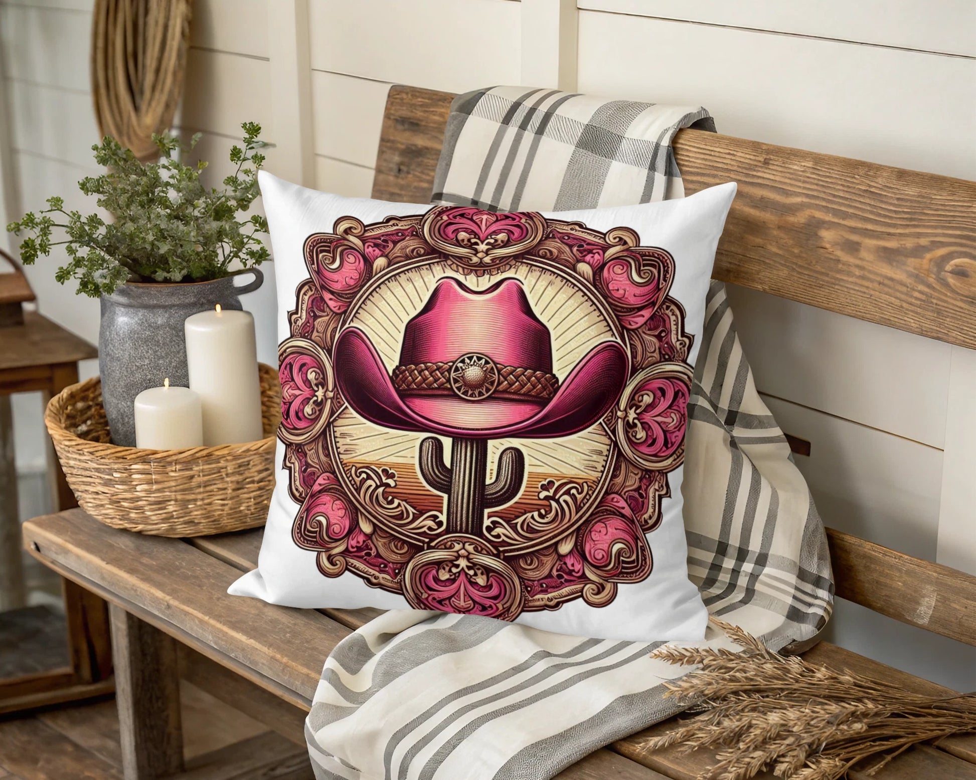 Western Cowboy Hat Cushion Cover, Vintage Style Throw Pillow, Decorative Home Decor, Unique Sofa Accessory