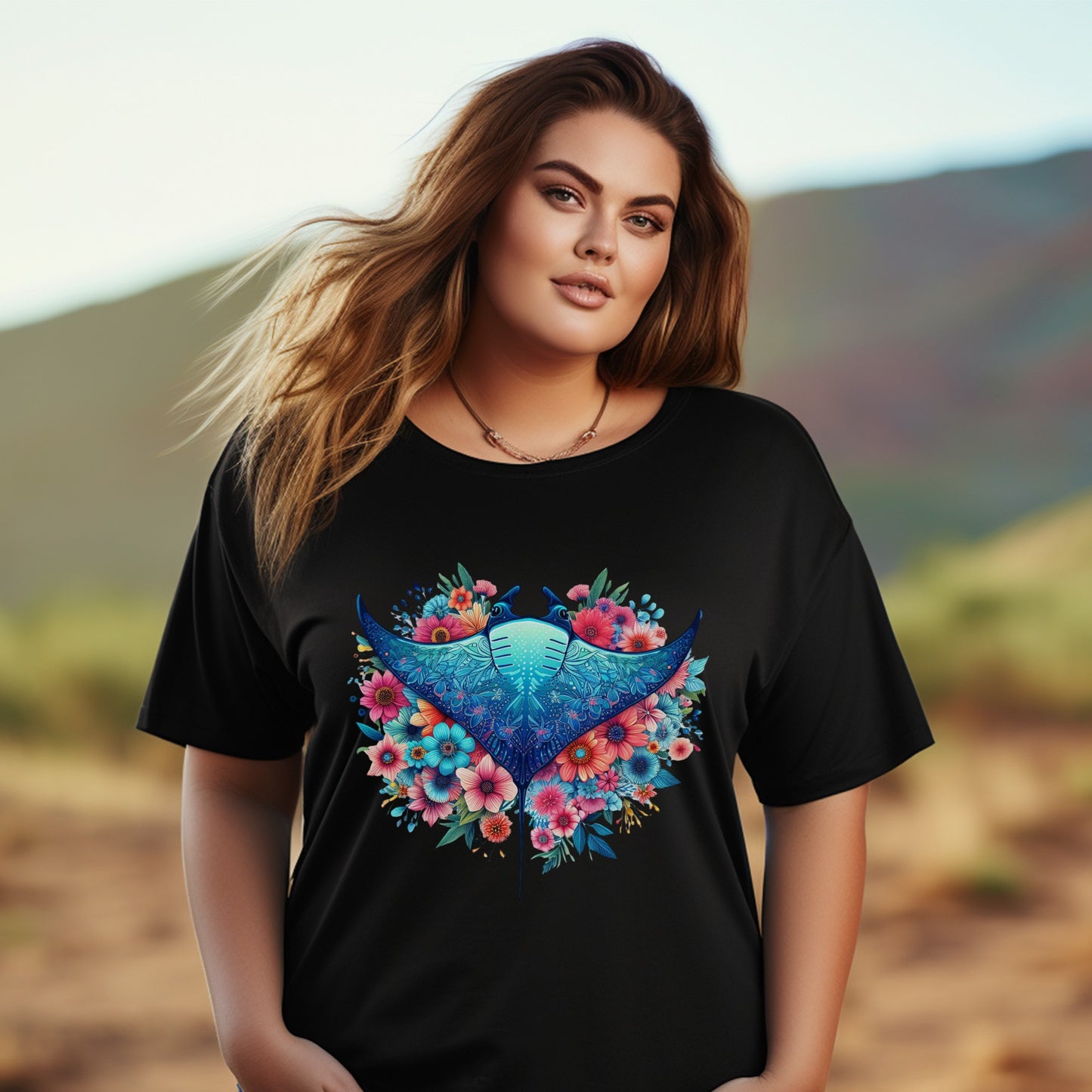 Women's Plus Size Black T-Shirt with Colorful Floral Bird Graphic, Spring Fashion Top