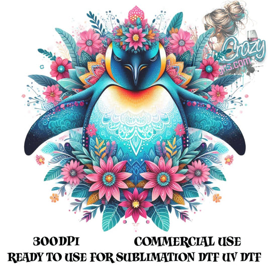 Colorful Penguin Floral Design for Sublimation, Commercial Use, High-Quality 300DPI Digital Download