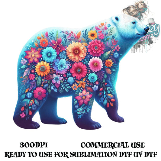Colorful Floral Bear Graphic, Vibrant Animal Sublimation Design, Commercial Use, Digital Download, 300DPI UV DTF Ready