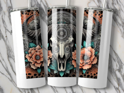 Boho Skull Tumbler, Stainless Steel Insulated Cup, Floral Mandala Design, 20 oz Travel Mug, Unique Gift Idea