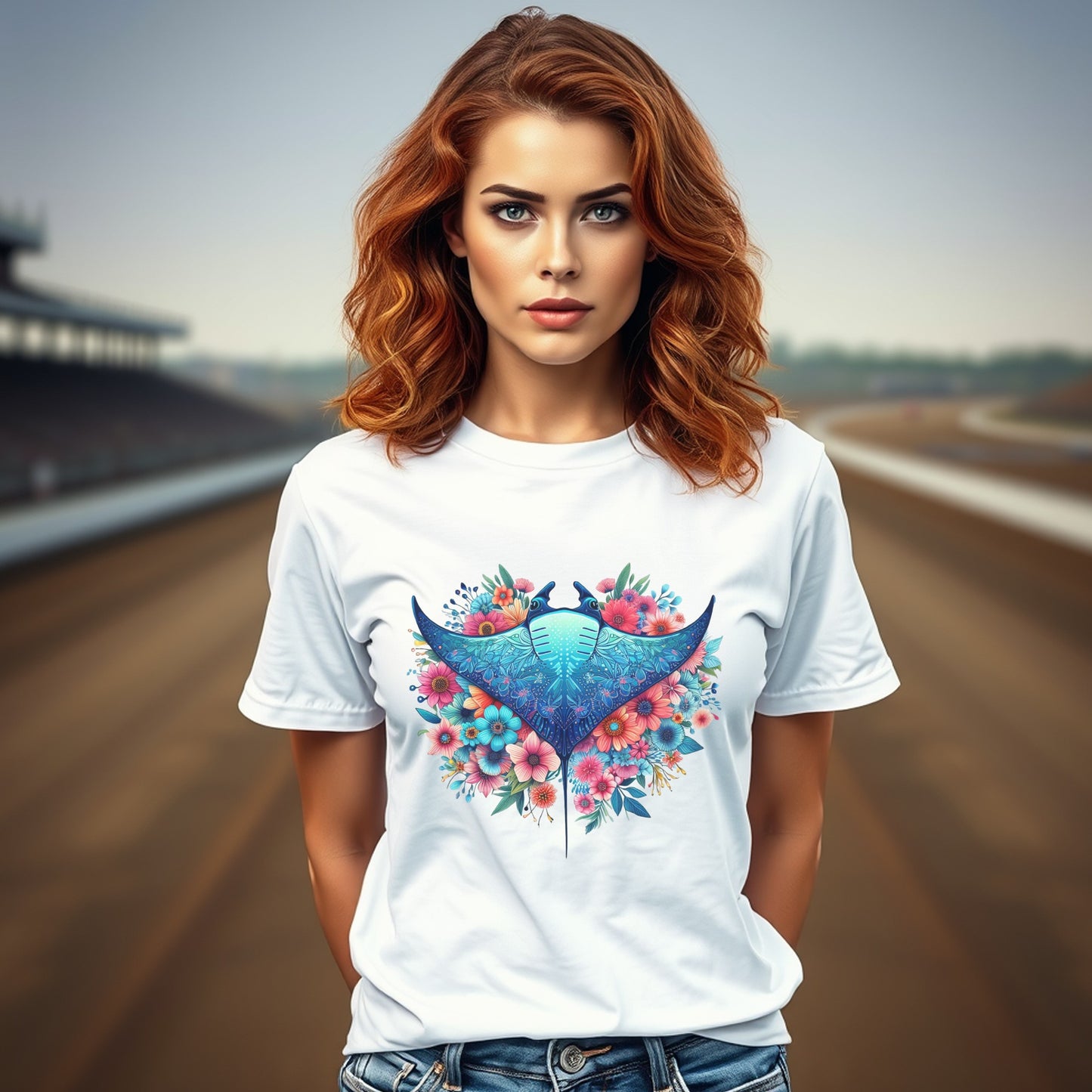 Women's White T-shirt with Blue Floral Bird Design, Casual Summer Top, Fashionable Graphic Tee