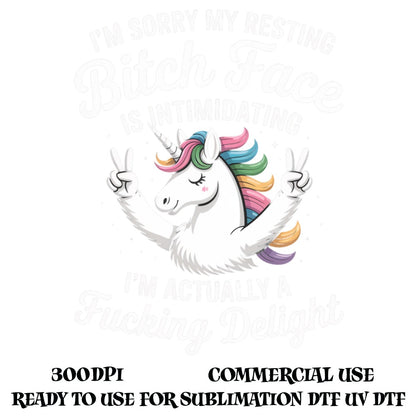 Unicorn Graphic T-Shirt Design, Colorful Resting Bitch Face, Funny Delightful Unicorn, Commercial Use, Sublimation DTF UV, 300DPI Digital