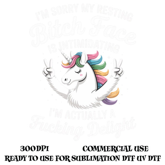Unicorn Graphic T-Shirt Design, Colorful Resting Bitch Face, Funny Delightful Unicorn, Commercial Use, Sublimation DTF UV, 300DPI Digital