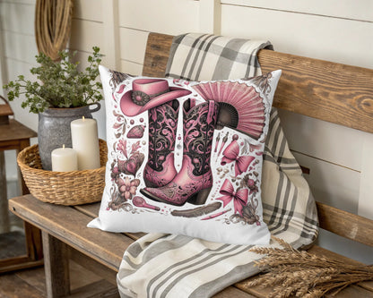 Decorative Cowboy Boots Pink Throw Pillow, Western Style Cushion, Rustic Home Decor, Farmhouse Living Room Accessory