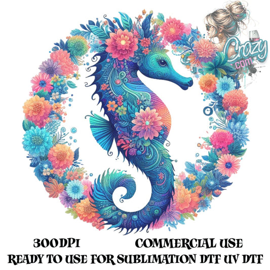 Colorful Seahorse Floral Design Digital Download, Sublimation Graphics, Commercial Use, 300 DPI Artwork for Crafting and Printing