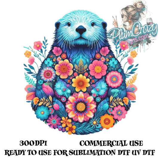 Blue Otter Floral Illustration, Colorful Flowers Sublimation Graphic, Commercial Use, Digital Download