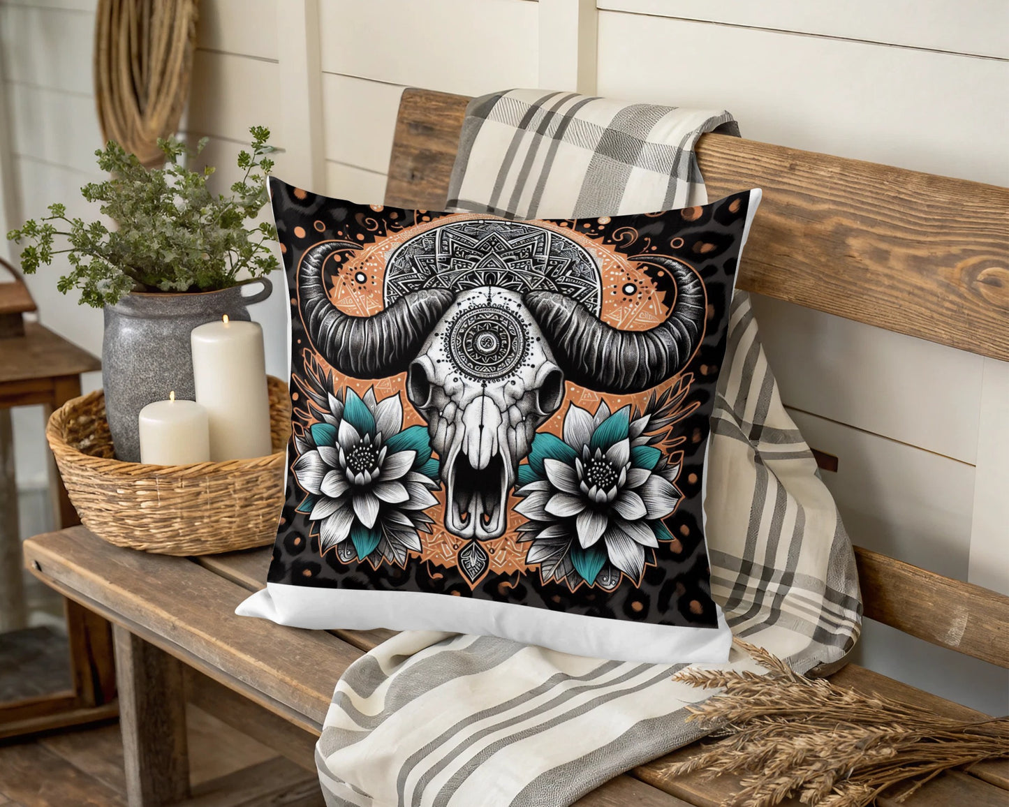 Bohemian Skull Cushion Cover, Floral Mandala Throw Pillow, Decorative Sofa Accessory, Unique Home Decor Gift