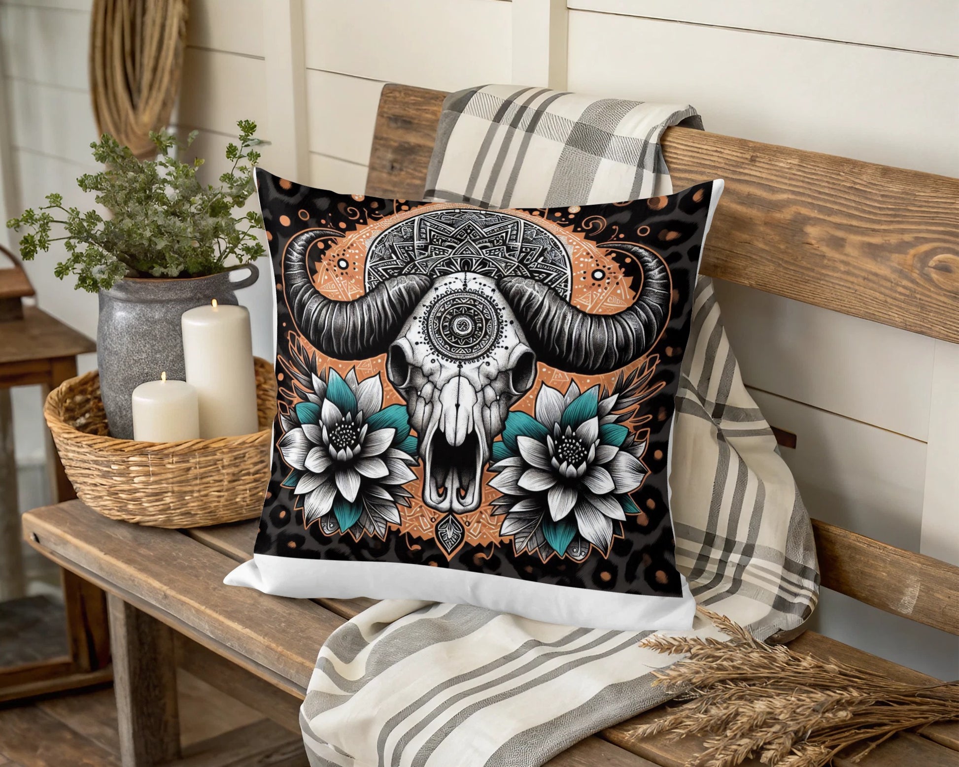 Bohemian Skull Cushion Cover, Floral Mandala Throw Pillow, Decorative Sofa Accessory, Unique Home Decor Gift